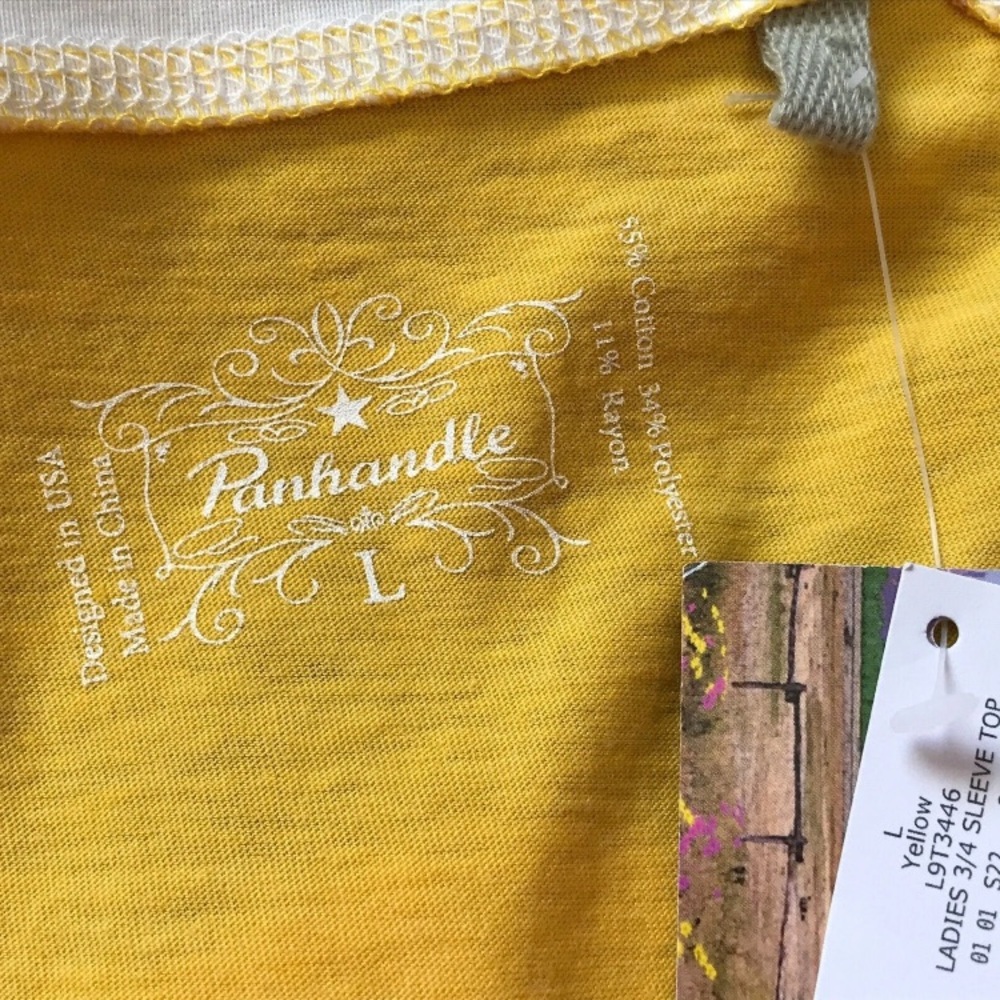 Panhandle Top Shirt Womens L Yellow 3/4 Raglan Sleeve Western Desert Sunset Prin - Picture 6 of 9